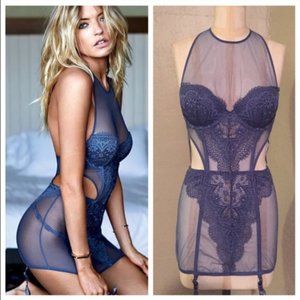 VS Blue High Neck Coconut Lace Garter Dress 34B